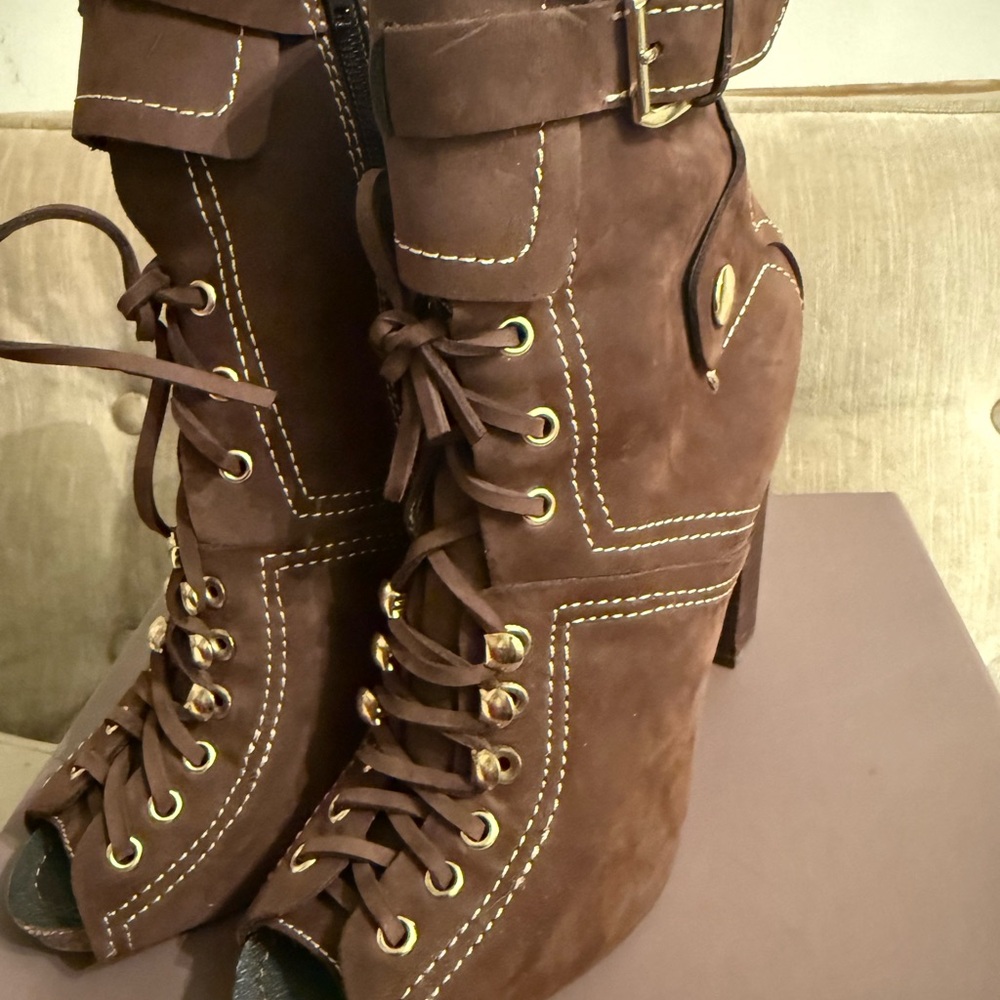 Apepazza Brown Suede Lace-Up Peep-Toe Heeled Booties